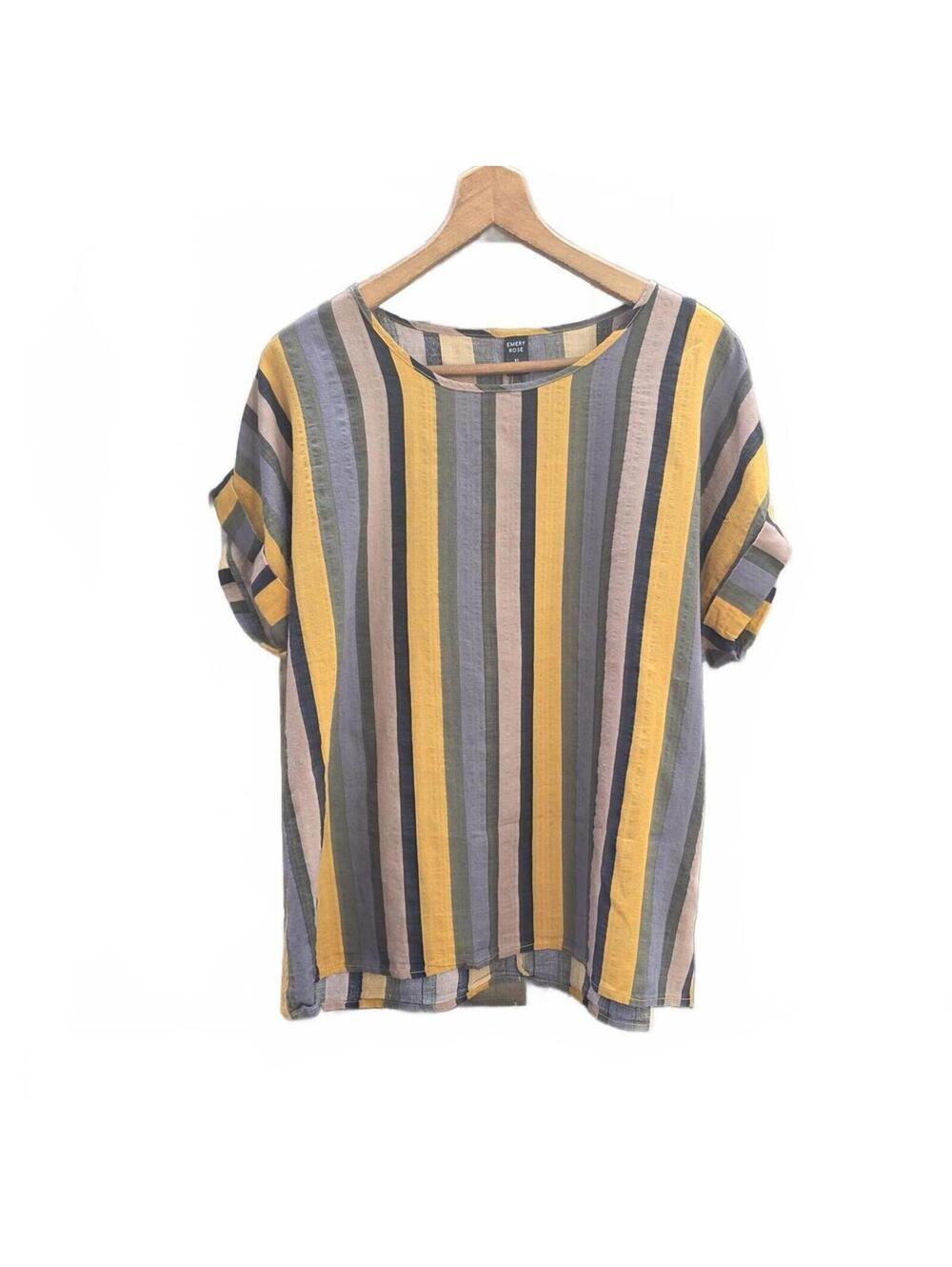 Striped Relaxed Fit Short Sleeve Top in Yellow and Gray